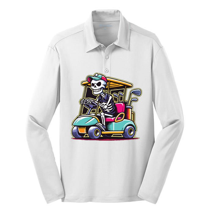 Halloween Skeleton Golf Cart Golfer Silk Touch Performance Long Sleeve Polo