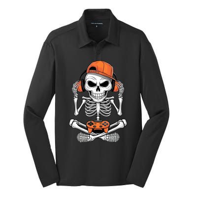 Halloween Skeleton Gamer Video Gaming Silk Touch Performance Long Sleeve Polo