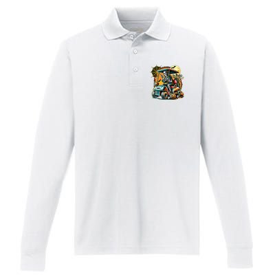 Halloween Skeleton Golf Cart Performance Long Sleeve Polo