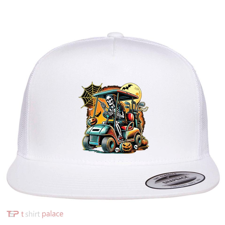 Halloween Skeleton Golf Cart Flat Bill Trucker Hat