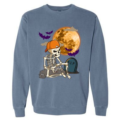 Halloween Skeleton Gamer Playing Video Games In Graveyard Gift Garment-Dyed Sweatshirt