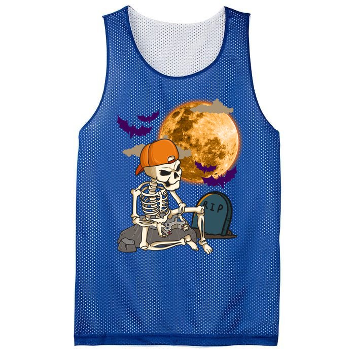 Halloween Skeleton Gamer Playing Video Games In Graveyard Gift Mesh Reversible Basketball Jersey Tank