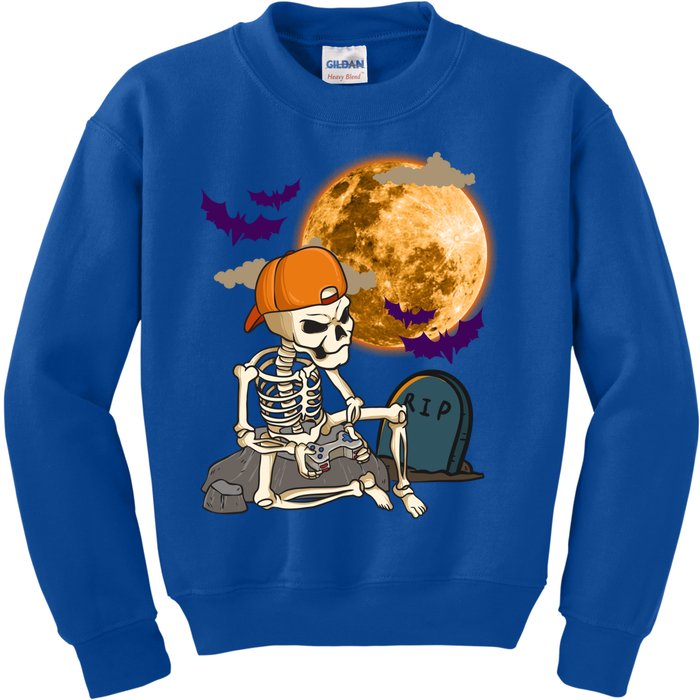 Halloween Skeleton Gamer Playing Video Games In Graveyard Gift Kids Sweatshirt