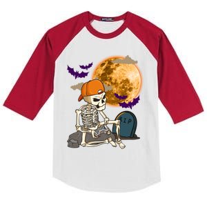 Halloween Skeleton Gamer Playing Video Games In Graveyard Gift Kids Colorblock Raglan Jersey