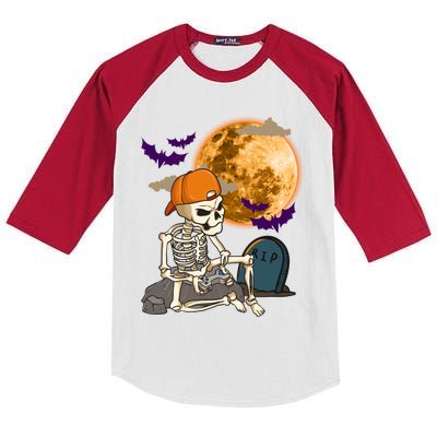 Halloween Skeleton Gamer Playing Video Games In Graveyard Gift Kids Colorblock Raglan Jersey