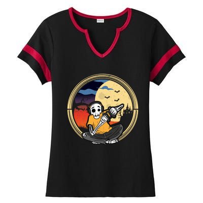 Halloween Skeleton Gamer Playing Videogame Cool Gift Ladies Halftime Notch Neck Tee