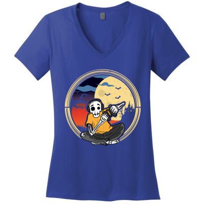 Halloween Skeleton Gamer Playing Videogame Cool Gift Women's V-Neck T-Shirt