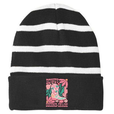 Howdy Second Grade Western 2nd Grade Teacher Cowboy Cowgirl Striped Beanie with Solid Band