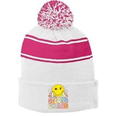 Hello Second Grade Funny Smile Face 2nd Grade Back To School Stripe Pom Pom Beanie