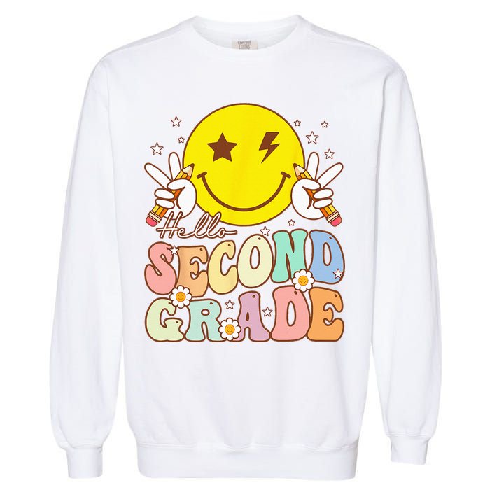 Hello Second Grade Funny Smile Face 2nd Grade Back To School Garment-Dyed Sweatshirt