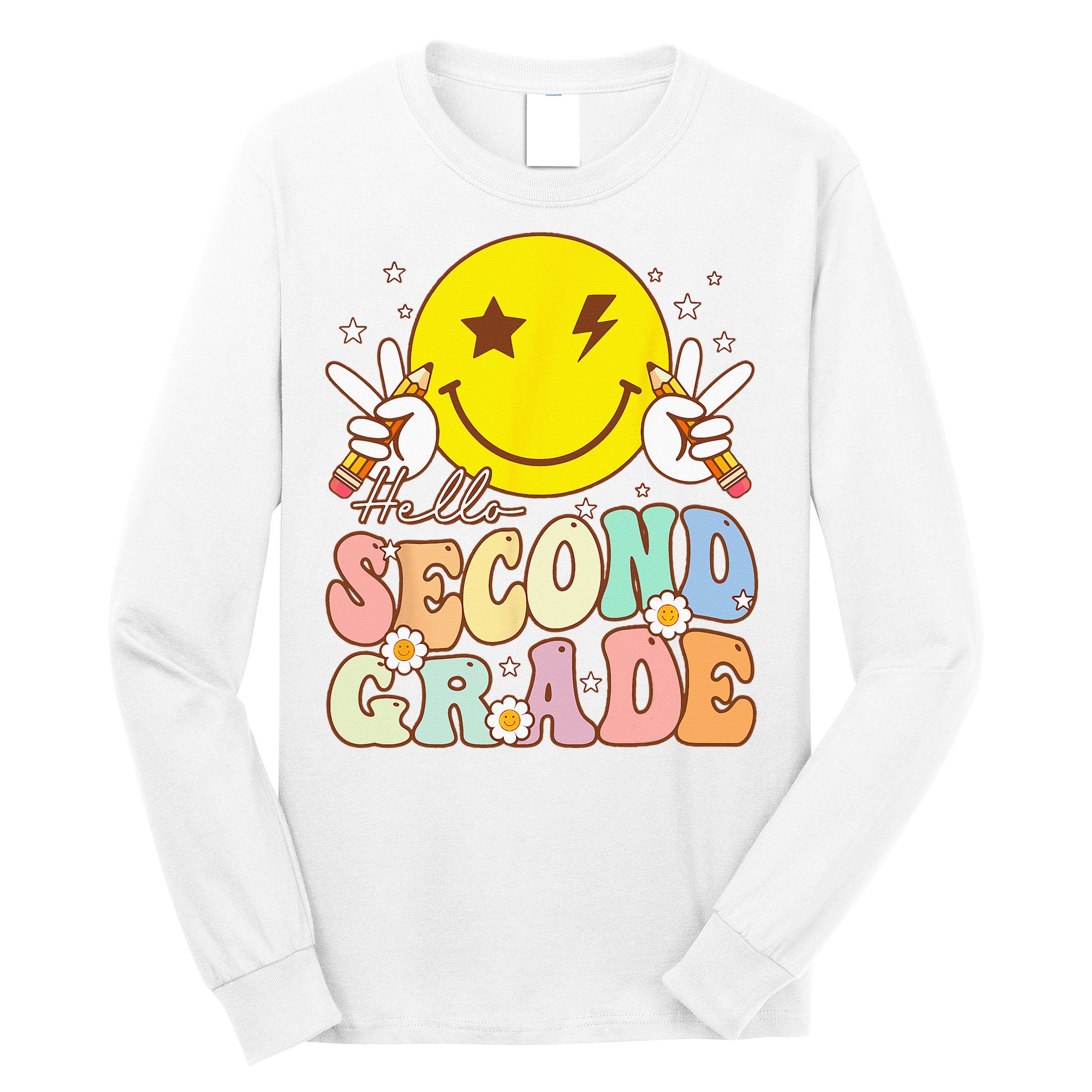Hello Second Grade Funny Smile Face 2nd Grade Back To School Long Sleeve Shirt