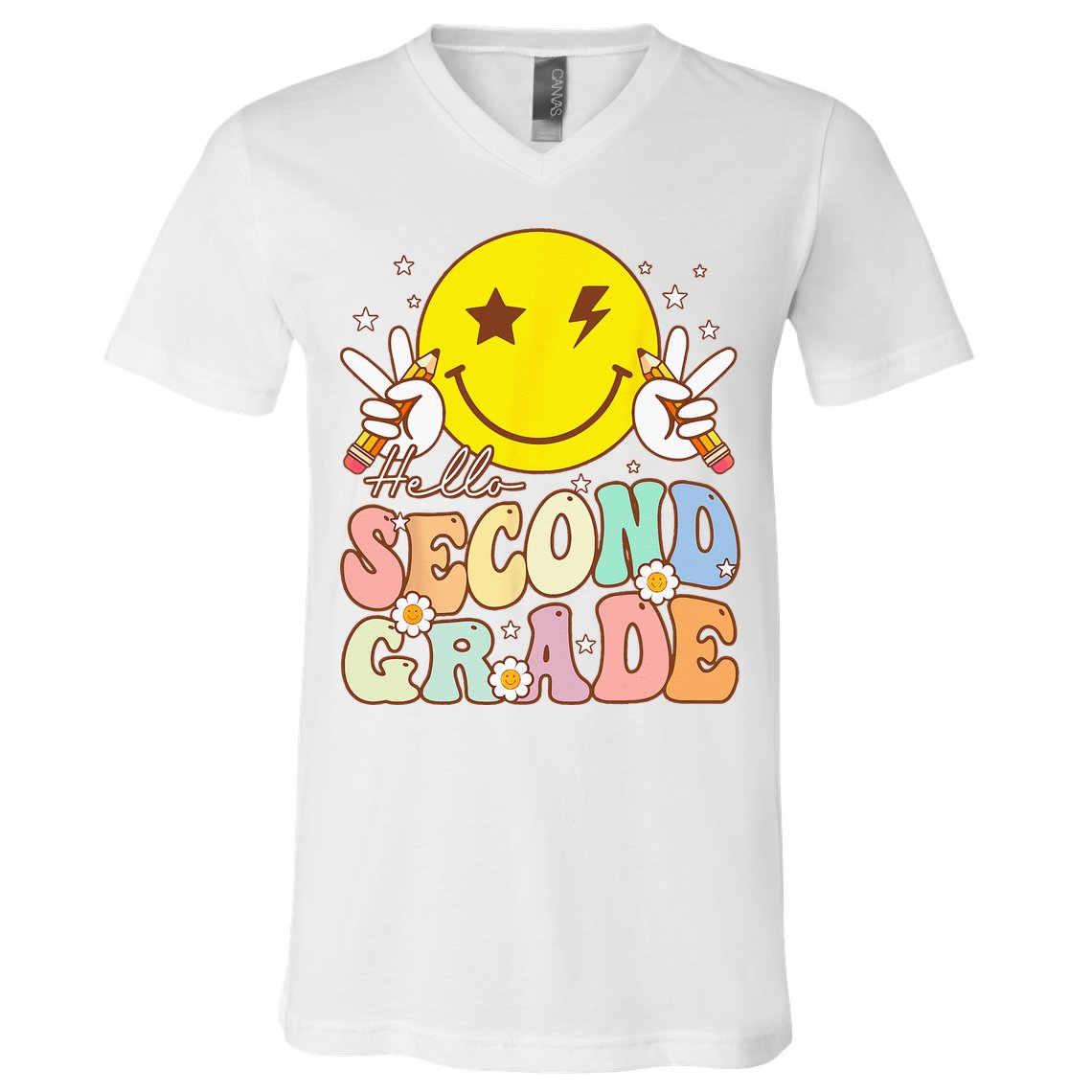 Hello Second Grade Funny Smile Face 2nd Grade Back To School V-Neck T-Shirt