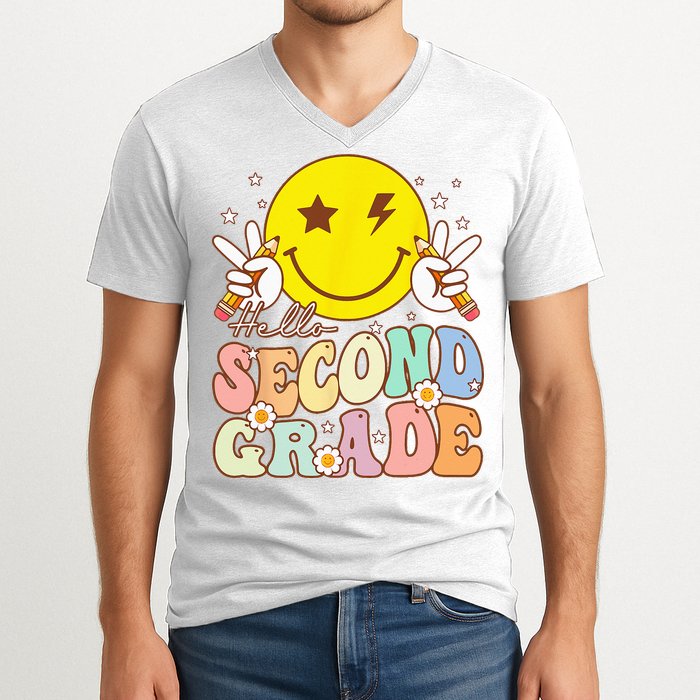 Hello Second Grade Funny Smile Face 2nd Grade Back To School V-Neck T-Shirt