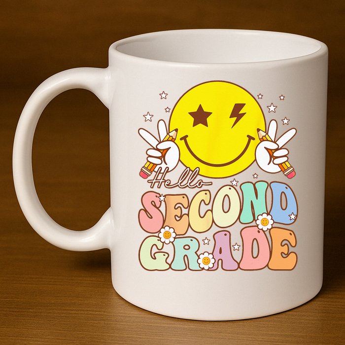 Hello Second Grade Funny Smile Face 2nd Grade Back To School 11oz C Handle Ceramic Mug