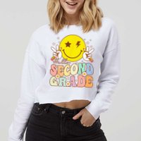Hello Second Grade Funny Smile Face 2nd Grade Back To School Cropped Pullover Crew