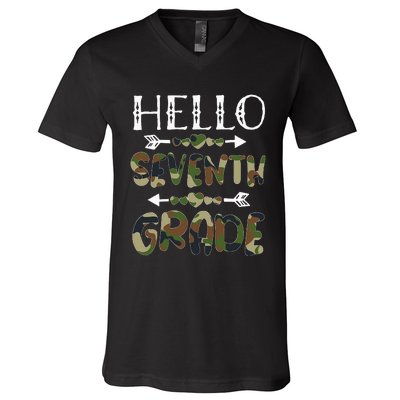 Hello Seventh Grade Back To School 1st Day Camo Teachers V-Neck T-Shirt