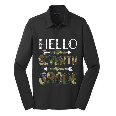 Hello Seventh Grade Back To School 1st Day Camo Teachers Silk Touch Performance Long Sleeve Polo