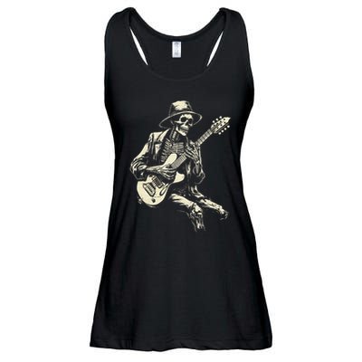 Happy Skeleton Guitar Guy Spooky Halloween Rock Band Concert Ladies Essential Flowy Tank