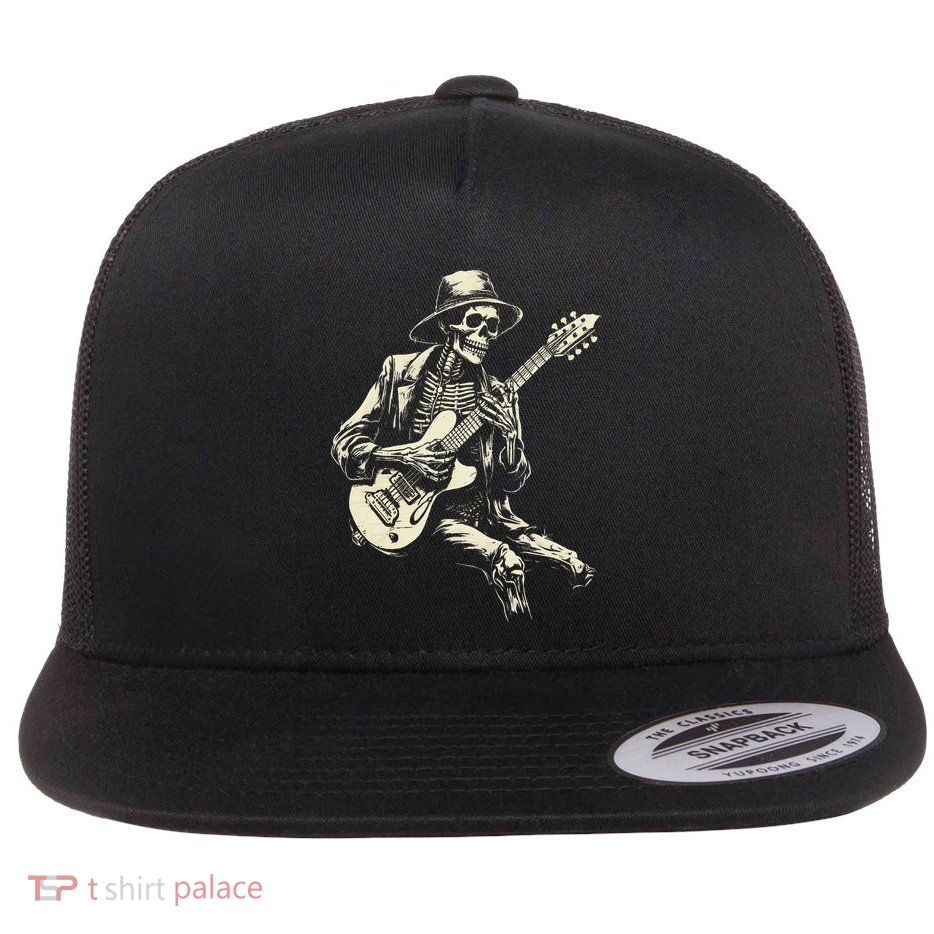 Happy Skeleton Guitar Guy Spooky Halloween Rock Band Concert Flatbill Hat