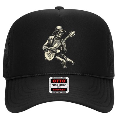 Happy Skeleton Guitar Guy Spooky Halloween Rock Band Concert Trucker Hat