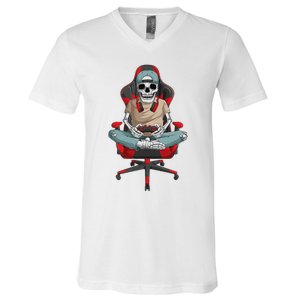 Halloween Skeleton Gamer Video Gaming V-Neck T-Shirt