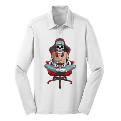 Halloween Skeleton Gamer Video Gaming Silk Touch Performance Long Sleeve Polo