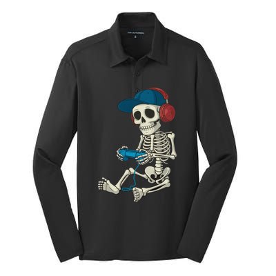 Halloween Skeleton Gamer Video Gaming Gamer Gift Silk Touch Performance Long Sleeve Polo