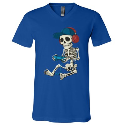 Halloween Skeleton Gamer Video Gaming Gamer Gift V-Neck T-Shirt