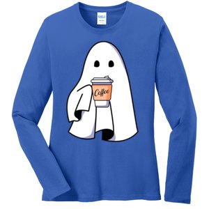 Halloween Spooky Ghost Retro Cute Boo In Coffee Funny Gift Ladies Long Sleeve Shirt