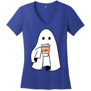 Halloween Spooky Ghost Retro Cute Boo In Coffee Funny Gift Women's V-Neck T-Shirt