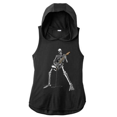 Happy Skeleton Guitar Guy Spooky Halloween Rock Band Concert Ladies PosiCharge Tri-Blend Wicking Draft Hoodie Tank