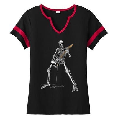 Happy Skeleton Guitar Guy Spooky Halloween Rock Band Concert Ladies Halftime Notch Neck Tee