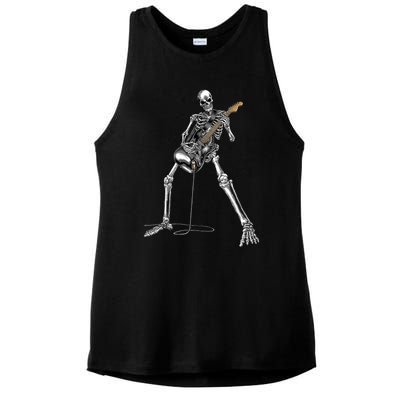 Happy Skeleton Guitar Guy Spooky Halloween Rock Band Concert Ladies PosiCharge Tri-Blend Wicking Tank