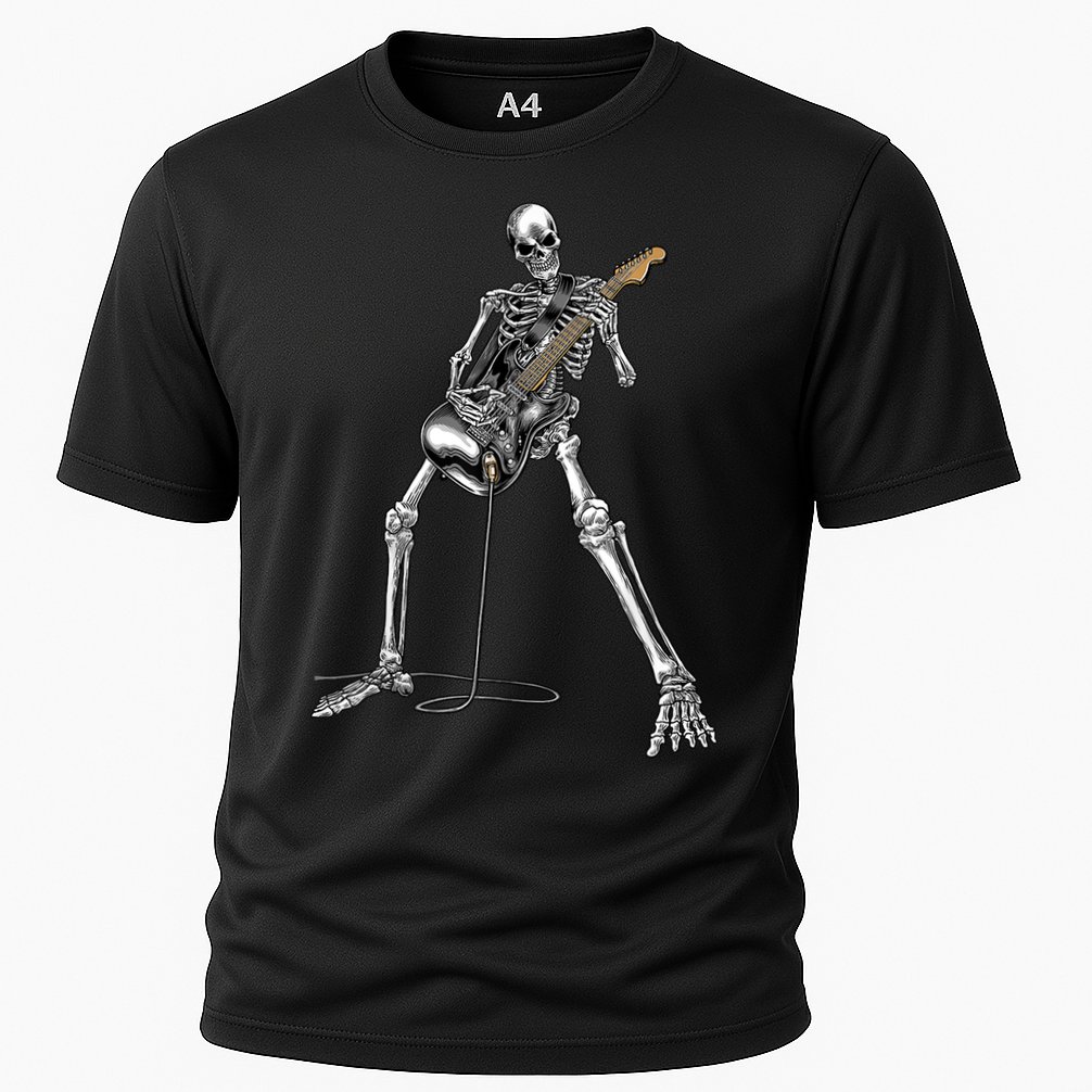 Happy Skeleton Guitar Guy Spooky Halloween Rock Band Concert Cooling Performance Crew T-Shirt