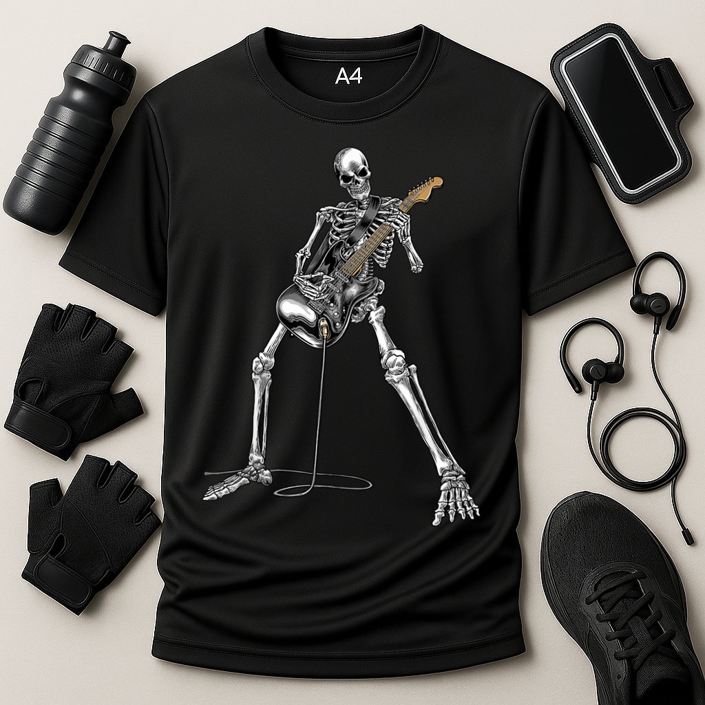 Happy Skeleton Guitar Guy Spooky Halloween Rock Band Concert Cooling Performance Crew T-Shirt