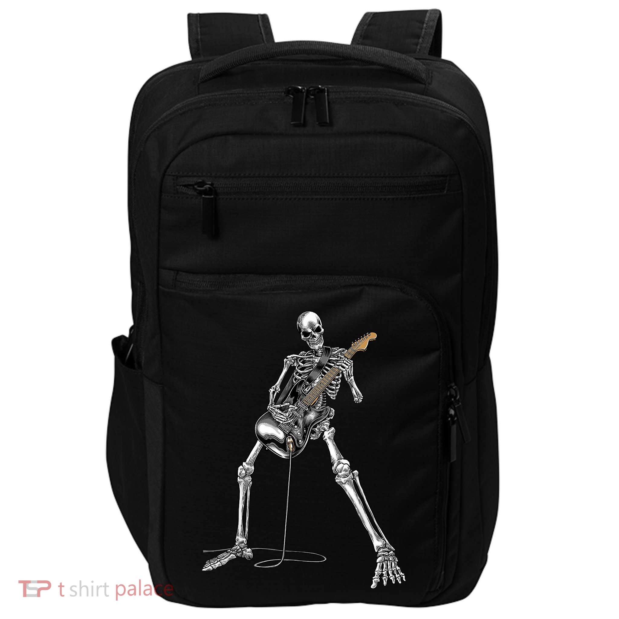 Happy Skeleton Guitar Guy Spooky Halloween Rock Band Concert Impact Tech Backpack
