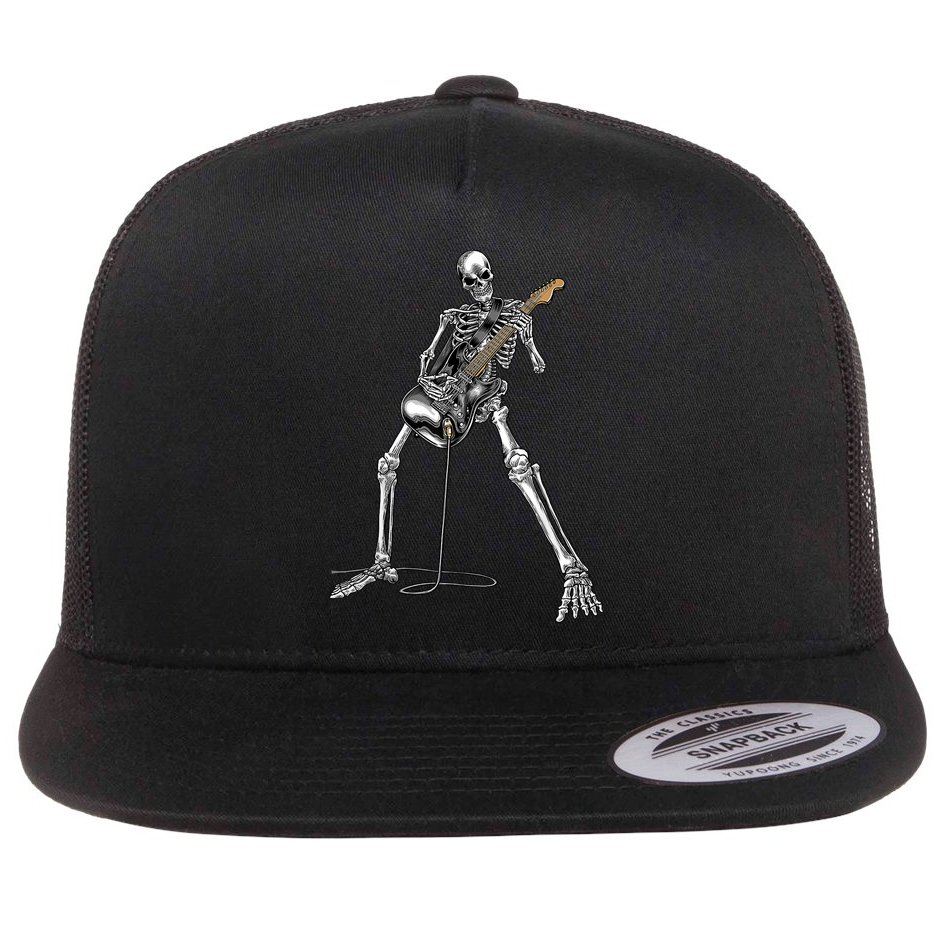 Happy Skeleton Guitar Guy Spooky Halloween Rock Band Concert Flat Bill Trucker Hat