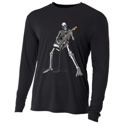 Happy Skeleton Guitar Guy Spooky Halloween Rock Band Concert Cooling Performance Long Sleeve Crew