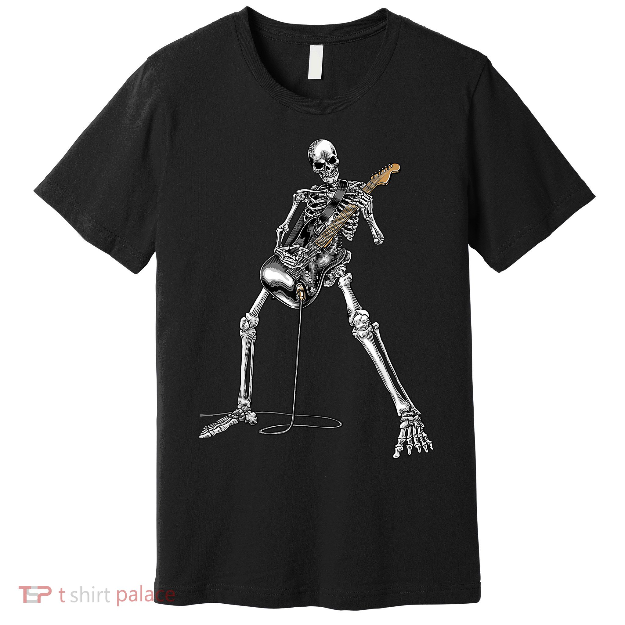 Happy Skeleton Guitar Guy Spooky Halloween Rock Band Concert Premium T-Shirt