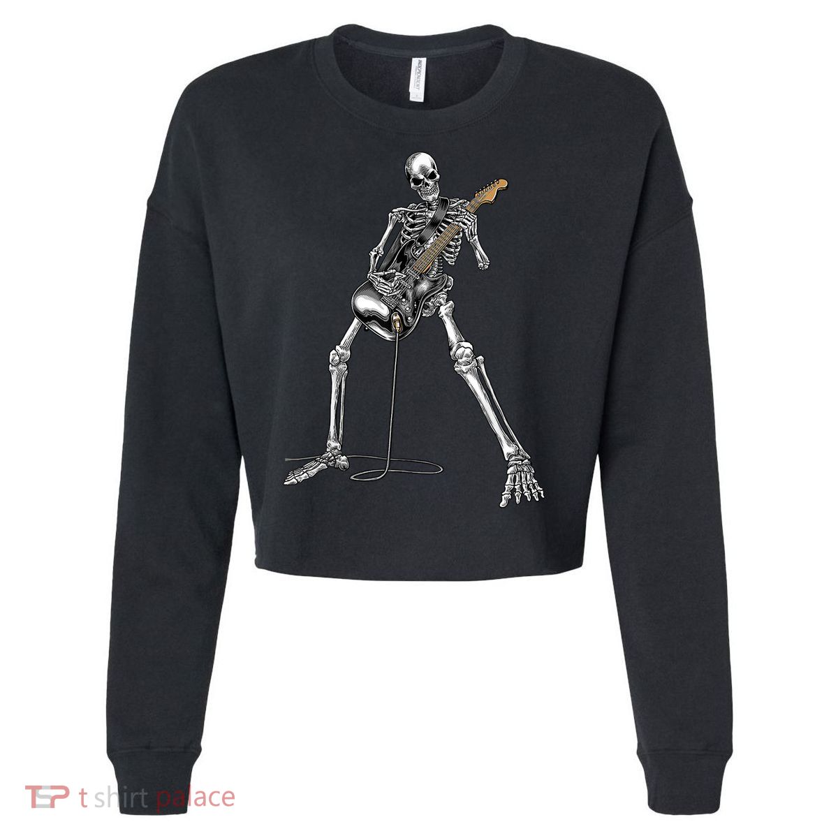 Happy Skeleton Guitar Guy Spooky Halloween Rock Band Concert Cropped Pullover Crew