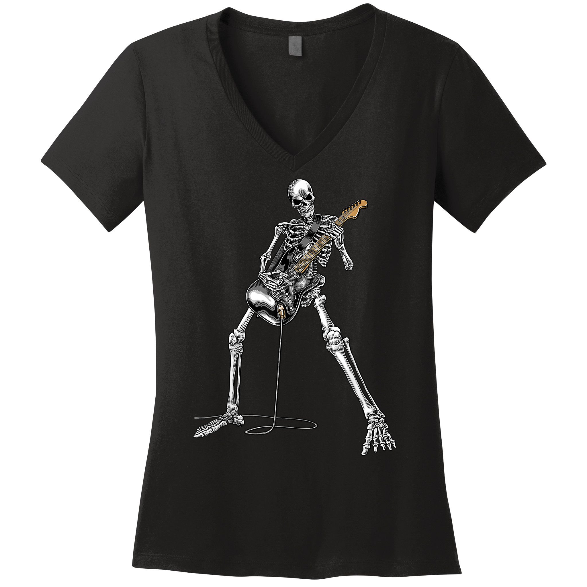 Happy Skeleton Guitar Guy Spooky Halloween Rock Band Concert Women's V-Neck T-Shirt
