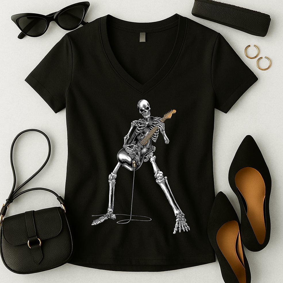 Happy Skeleton Guitar Guy Spooky Halloween Rock Band Concert Women's V-Neck T-Shirt
