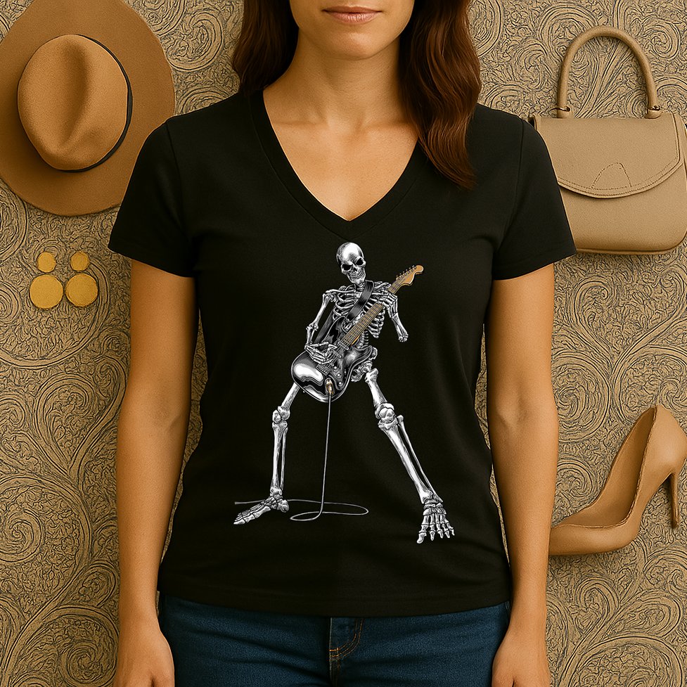 Happy Skeleton Guitar Guy Spooky Halloween Rock Band Concert Women's V-Neck T-Shirt