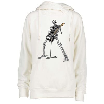 Happy Skeleton Guitar Guy Spooky Halloween Rock Band Concert Womens Funnel Neck Pullover Hood