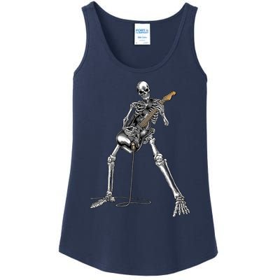 Happy Skeleton Guitar Guy Spooky Halloween Rock Band Concert Ladies Essential Tank