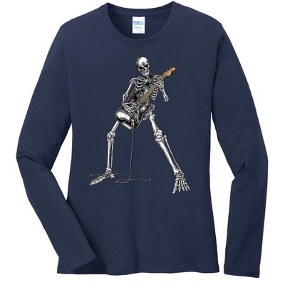 Happy Skeleton Guitar Guy Spooky Halloween Rock Band Concert Ladies Long Sleeve Shirt