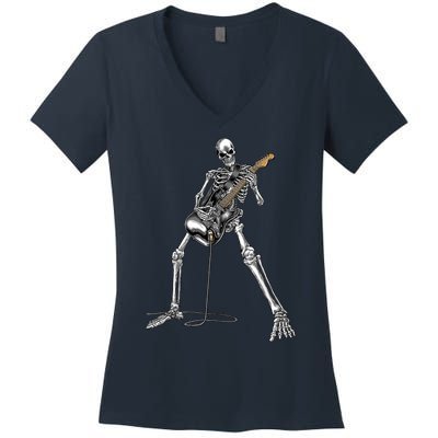 Happy Skeleton Guitar Guy Spooky Halloween Rock Band Concert Women's V-Neck T-Shirt