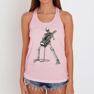 Happy Skeleton Guitar Guy Spooky Halloween Rock Band Concert Women's Knotted Racerback Tank