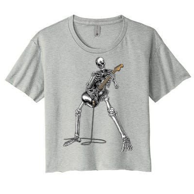 Happy Skeleton Guitar Guy Spooky Halloween Rock Band Concert Women's Crop Top Tee