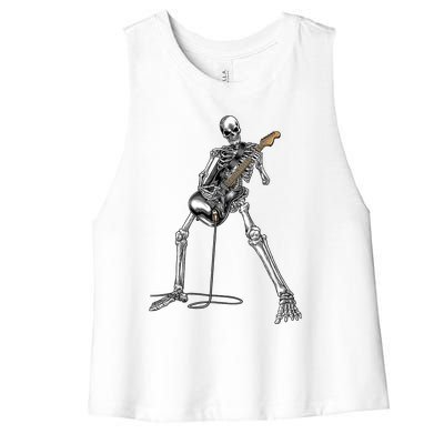 Happy Skeleton Guitar Guy Spooky Halloween Rock Band Concert Women's Racerback Cropped Tank